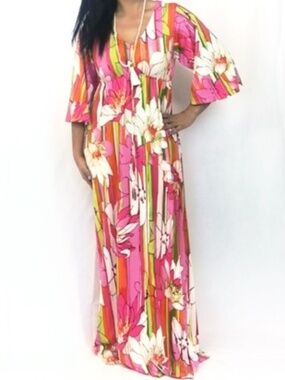 Half Moon by Modern Movement Pink Floral Boho Bell Sleeve Maxi Dress Size S